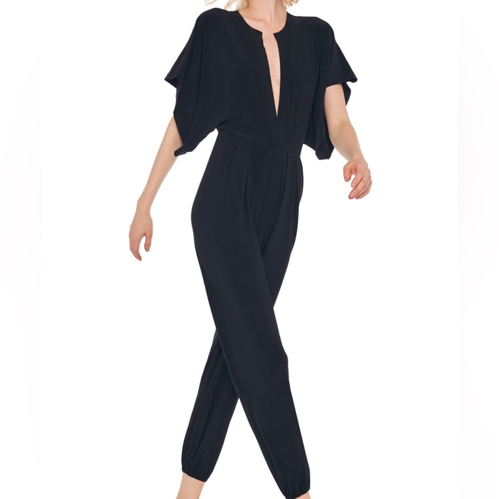 Norma Kamali Designer Black Deep‎ V-Neck Rectangle Sexy Jog Jumpsuit